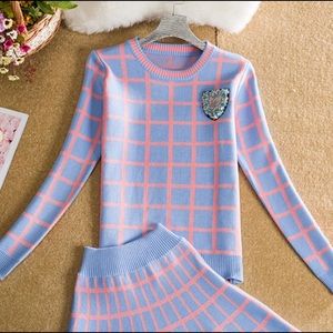 Preppy grid insignia Sweater and skirt set